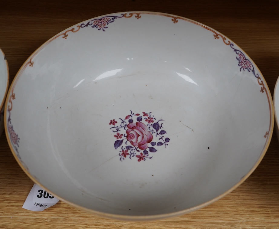 Three late 18th century Chinese porcelain bowls, largest 28.5cm diameter. Condition - poor